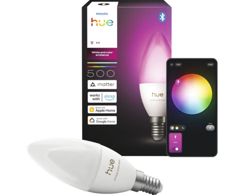 Ampoule LED Philips Hue White and Color Ambiance E14 en forme de bougie avec emballage et application pour smartphone pour le contrôle des couleurs.