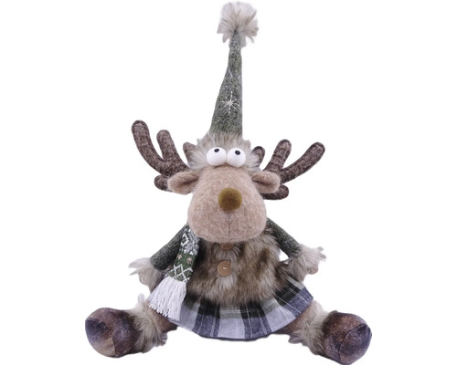 Sitzende Weihnachtsdekoration aus Plüsch in Form eines Rentiers mit spitzem Hut, Schal und kariertem Rock.