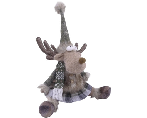 Weihnachtsfigur Rentier aus Plüsch mit Mütze, Schal und Geweih, sitzend