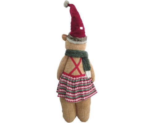 Weihnachts-Plüschbär von hinten mit Zipfelmütze, Schal und gemustertem Rock mit Hosenträgern.