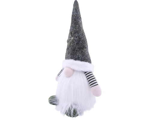 Weihnachts-Wichtel mit grauer Filzmütze, weißem Bart, rosa Nase und schwarz-weiss gestreiften Armen.
