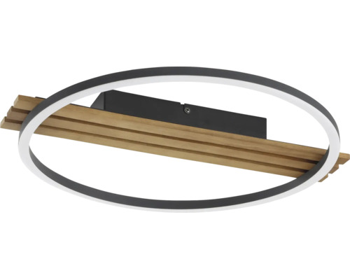 Moderne LED Deckenleuchte in ovaler Ringform mit dekorativen Holzlamellen und schwarzem Metallrahmen.