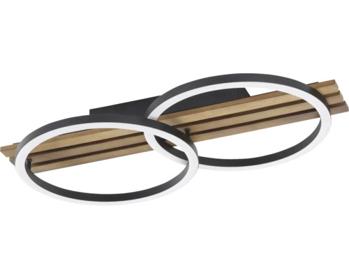 Moderne LED-Deckenleuchte mit zwei sich überschneidenden Ringen, Holzlamellen und schwarzem Metallsockel.