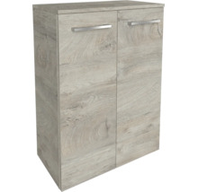 Armoire de rangement à deux portes, aspect chêne clair avec poignées argentées.