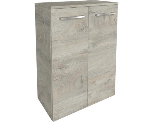 Armoire de rangement à deux portes, aspect chêne clair avec poignées argentées.