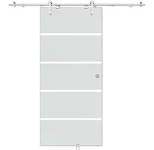 Porte coulissante en verre avec rayures horizontales, incluant un rail en acier inoxydable et une poignée cuvette ronde.