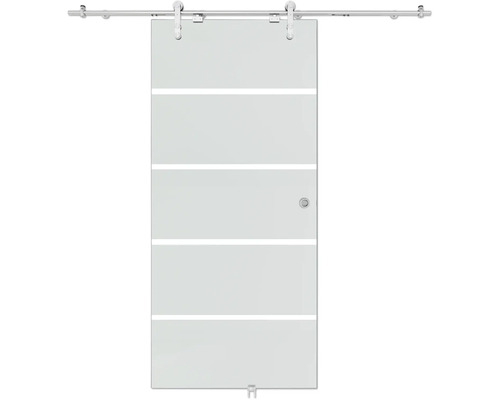 Porte coulissante en verre avec rayures horizontales, incluant un rail en acier inoxydable et une poignée cuvette ronde.