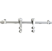 Système de ferrure pour porte coulissante en acier inoxydable pour portes en verre avec rail et deux chariots.