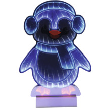 Pingouin LED avec effet miroir infini, bonnet et écharpe, éclairage bleu.