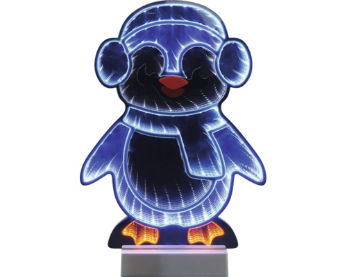 Lampe décorative à LED en forme de pingouin avec effet de miroir infini, bonnet et écharpe.