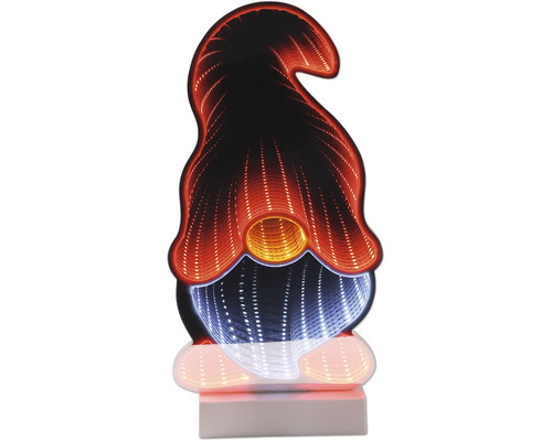 Décoration LED en forme de lutin avec effet miroir infini et socle.