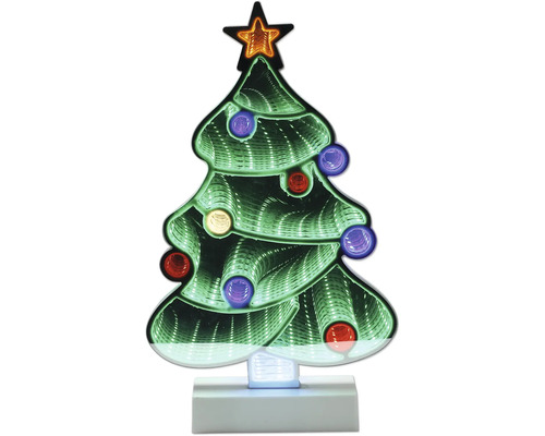 Lampe LED sapin de Noël avec effet miroir infini, étoile au sommet et boules lumineuses colorées sur socle blanc.
