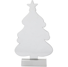 Silhouette de sapin de Noël décorative avec étoile sur socle.