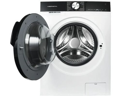 Lave-linge à hublot Kibernetik avec porte ouverte et vue sur le tambour en acier inoxydable.