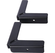 Zwei Winkelverbinder aus schwarzem Metall in L-Form mit vorgebohrten Löchern.