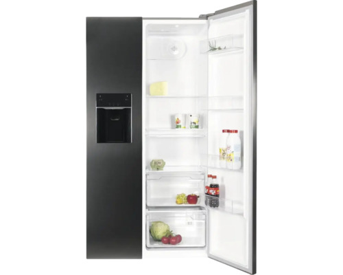 Side-by-Side-Kühlschrank mit Wasserspender, geöffnetem Kühlteil mit Glasablagen und transparenten Schubladen.