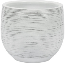 Cache-pot rond en céramique blanche avec une surface structurée et des rainures horizontales.