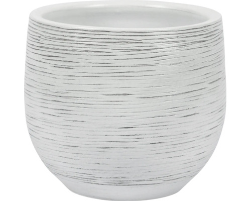 Cache-pot rond en céramique blanche avec une surface structurée et des rainures horizontales.