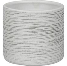 Cache-pot cylindrique en céramique avec structure à rainures horizontales.