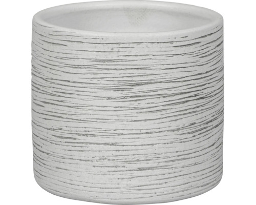 Cache-pot cylindrique en céramique avec structure à rainures horizontales.