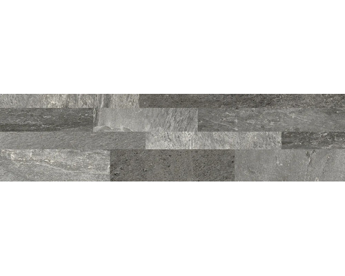 Plaquettes de parement aspect pierre naturelle avec surface structurée dans différentes nuances de gris.
