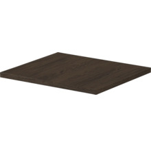 Tablette rectangulaire aspect bois foncé avec veinage apparent.