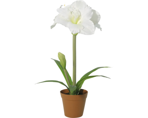 Künstliche Amaryllis im Topf mit einer weißen Blüte, einer Knospe und grünen Blättern.