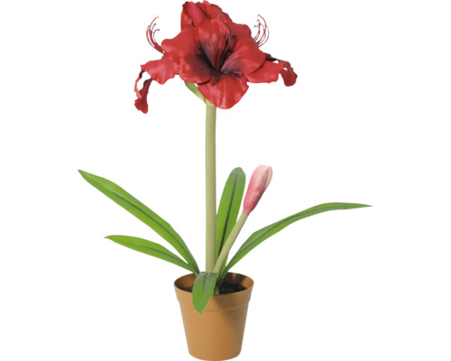 Künstliche Pflanze Amaryllis mit roter Blüte und einer Knospe im braunen Topf.