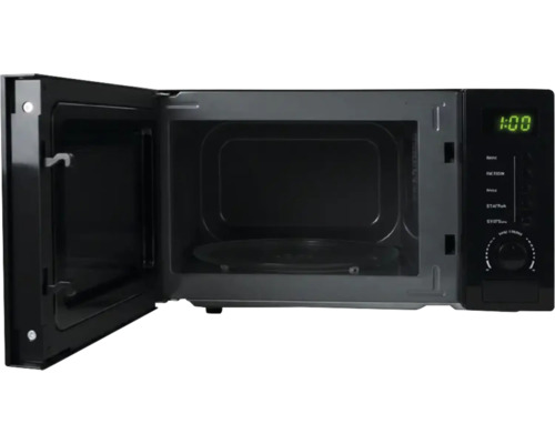 Kibernetik Mikrowelle 20 Liter schwarz 114261 Mikrowelle mit geöffneter Tür, Innenraum mit Glasdrehteller und Bedienfeld mit Digitalanzeige.