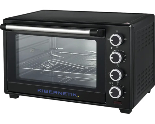 Mini-four Kibernetik noir avec porte en verre, quatre boutons rotatifs et poignée argentée.