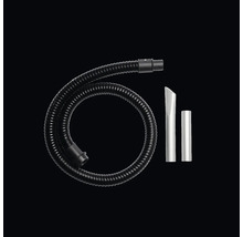 Tuyau d'aspirateur noir avec suceur plat argenté et adaptateur en plastique.