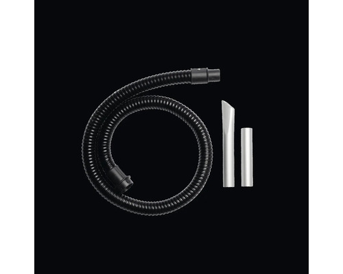 Tuyau d'aspirateur noir avec suceur plat argenté et adaptateur en plastique.