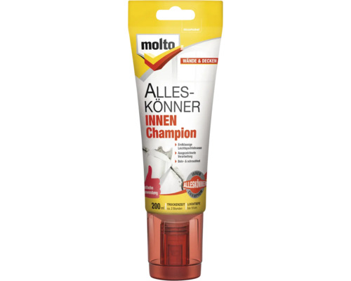 Enduit de rebouchage léger Molto Alles-Könner Innen Champion, tube de 200 Millilitres, AkzoNobel Logo, Molto Logo, pour murs et plafonds intérieurs.