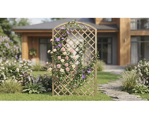 Holz-Rankgitter mit Rundbogen im Garten, bewachsen mit Kletterrosen und Clematis vor einem Haus.