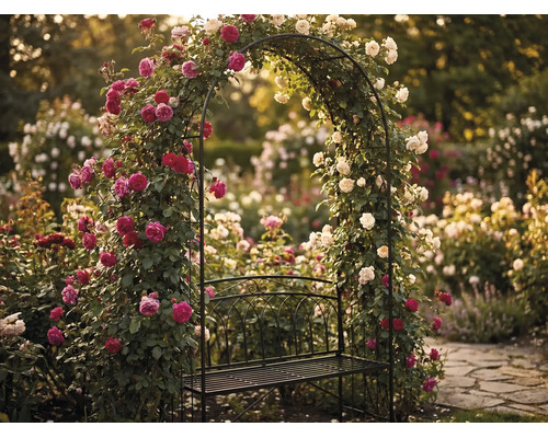 Arche à roses en métal avec banc de jardin intégré dans un jardin luxuriant avec des rosiers grimpants.