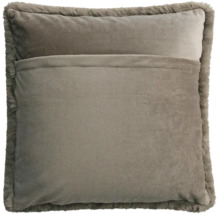 Coussin décoratif avec bordure en fausse fourrure, tissu doux et fermeture portefeuille.