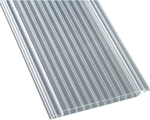 Plaque alvéolaire transparente en polycarbonate avec structure nervurée.