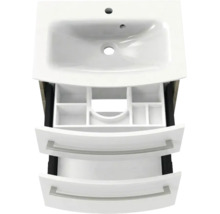 Meuble sous-vasque blanc avec lavabo en céramique et deux tiroirs, tiroir supérieur avec organisateur, façades bombées.