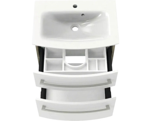 Meuble sous-vasque blanc avec lavabo en céramique et deux tiroirs, tiroir supérieur avec organisateur, façades bombées.