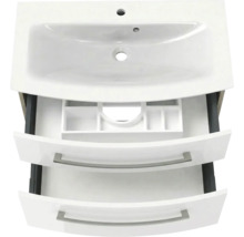 Meuble sous-vasque avec lavabo en céramique et deux tiroirs ouverts, tiroir supérieur avec compartiments et découpe pour siphon.
