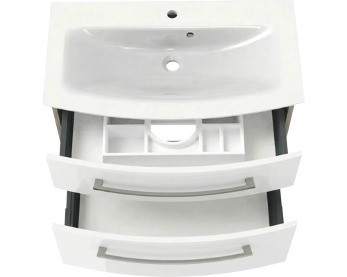 Meuble sous-vasque avec lavabo en céramique et deux tiroirs ouverts, tiroir supérieur avec compartiments et découpe pour siphon.