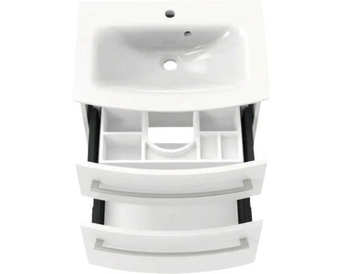 Meuble sous-vasque avec lavabo et deux tiroirs ouverts, compartimentage inclus.