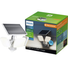 Philips UltraEfficient solarbetriebene LED-Sicherheitsleuchte mit Sensor, drei verstellbaren Lichtköpfen und Solarpanel sowie Verkaufsverpackung.
