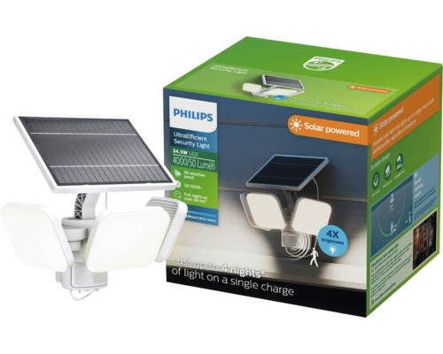 Philips UltraEfficient solarbetriebene LED-Sicherheitsleuchte mit Sensor, drei verstellbaren Lichtköpfen und Solarpanel sowie Verkaufsverpackung.