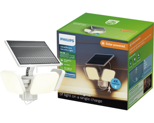 Philips UltraEfficient Solar-Sicherheitsleuchte mit Bewegungsmelder, drei verstellbaren Lichtköpfen und Verpackung.
