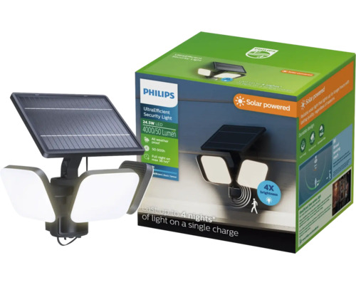 Philips UltraEfficient Sicherheitsleuchte mit Solarmodul, drei verstellbaren Lichtköpfen und Bewegungssensor.