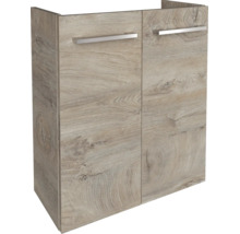Waschbeckenunterschrank mit zwei Türen in Holzoptik Eiche und silbernen Griffen.