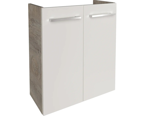 Waschbeckenunterschrank zweitürig mit Holzoptik-Korpus, weißen Fronten und silbernen Griffen.