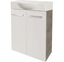 Meuble sous-lavabo avec deux portes, façade blanche, côtés aspect bois, avec lavabo et poignées argentées.