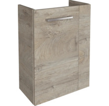 Waschbeckenunterschrank in Eichenoptik mit einer Tür und einem Metallgriff.